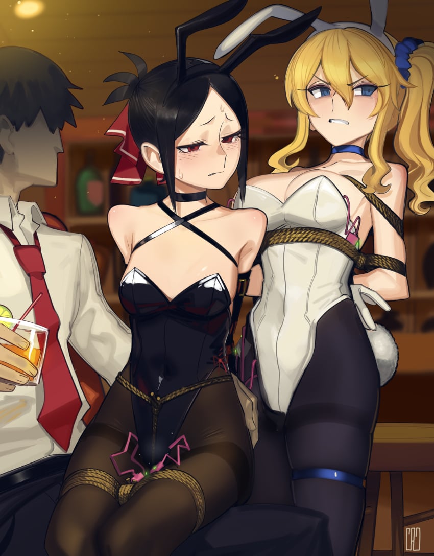 1boy 2girls absurdres animal_ears black_hair black_leotard blonde_hair blue_eyes blurry blurry_background bondage bondage bondage bound cad_(caddo) clenched_teeth commission egg_vibrator fake_animal_ears hayasaka_ai highres indoors kaguya-sama_wa_kokurasetai_~tensai-tachi_no_renai_zunousen~ leotard multiple_girls pantyhose playboy_bunny red_eyes restrained second-party_source sex_toy shinomiya_kaguya strapless strapless_leotard sweatdrop teeth vibrator white_leotard