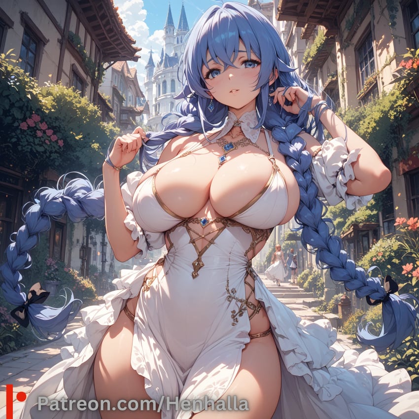 1girls ai_generated bedroom big_breasts blue_eyes breasts dress henhalla mai migurdia_roxy sakurajima_mai solo solo_female young younger_female