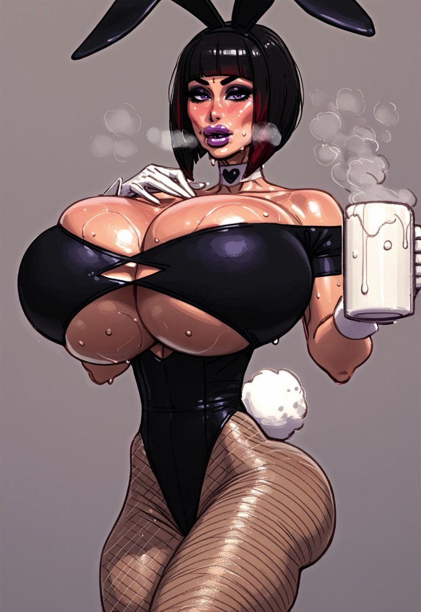 1girls ai_generated bangs big_breasts bimbo bob_cut bunnysuit choker cleavage cleavage_cutout cum cumslut drinking_cum eating_cum female fishnet gokkun goth goth_girl huge_boobs huge_breasts pobodyznerf semen steam underboob