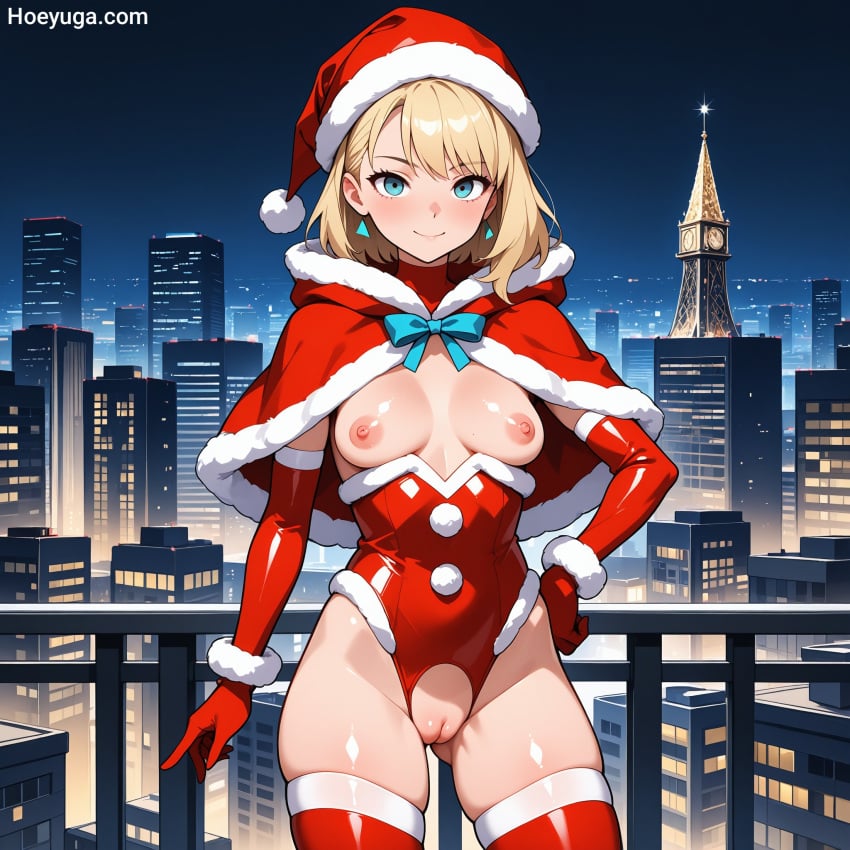 ai_generated blonde_female blonde_hair christmas christmas_outfit city cute female female_focus female_only gwen_stacy gwen_stacy_(spider-verse) hoeyuga jorenran naked nude nude_female spider-gwen spider-man_(series)