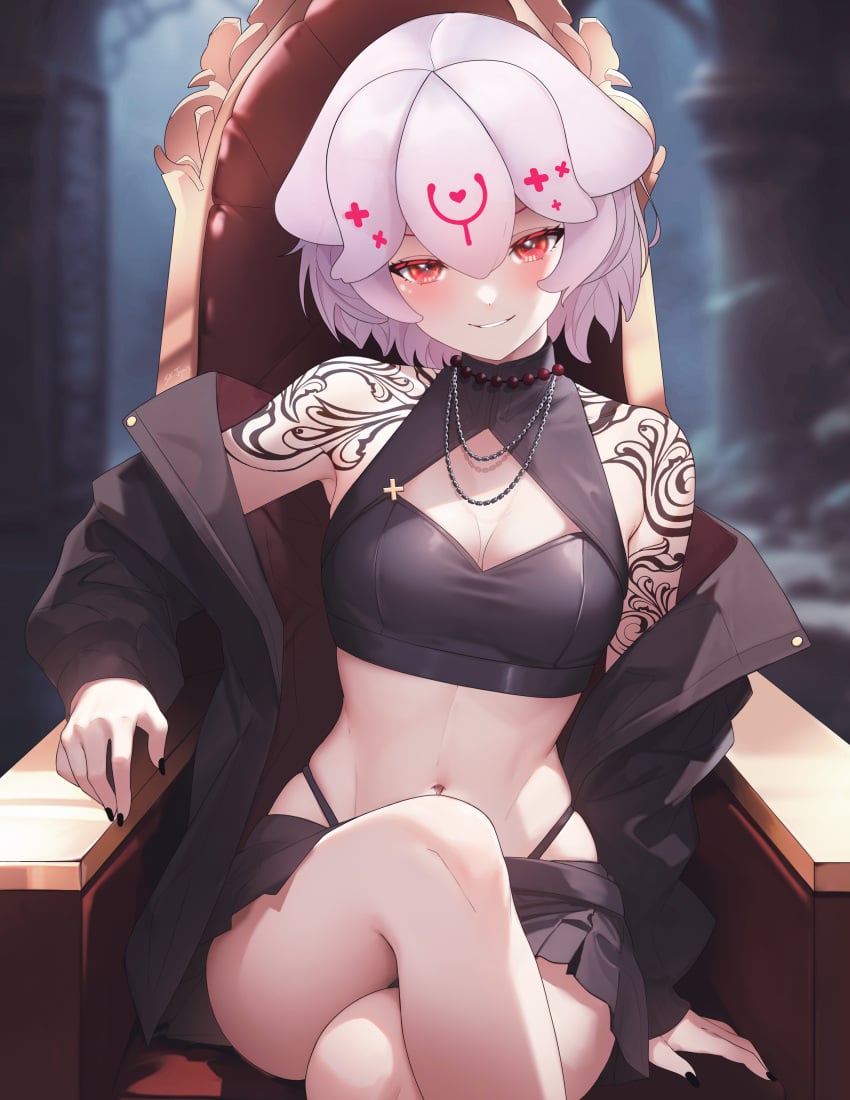 arm_tattoo armpits bangs bao_(vtuber) bare_shoulders black_jacket black_nails black_skirt blurry_background blush breast_tattoo breasts chair cleavage collarbone cross crossed_legs female grin hat highleg jacket jewelry large_breasts long_sleeves looking_at_viewer medium_breasts nail_polish navel navel_piercing necklace parted_lips piercing red_eyes short_hair shoulder_tattoo sitting skirt smile solo tattoo underwear white_hair