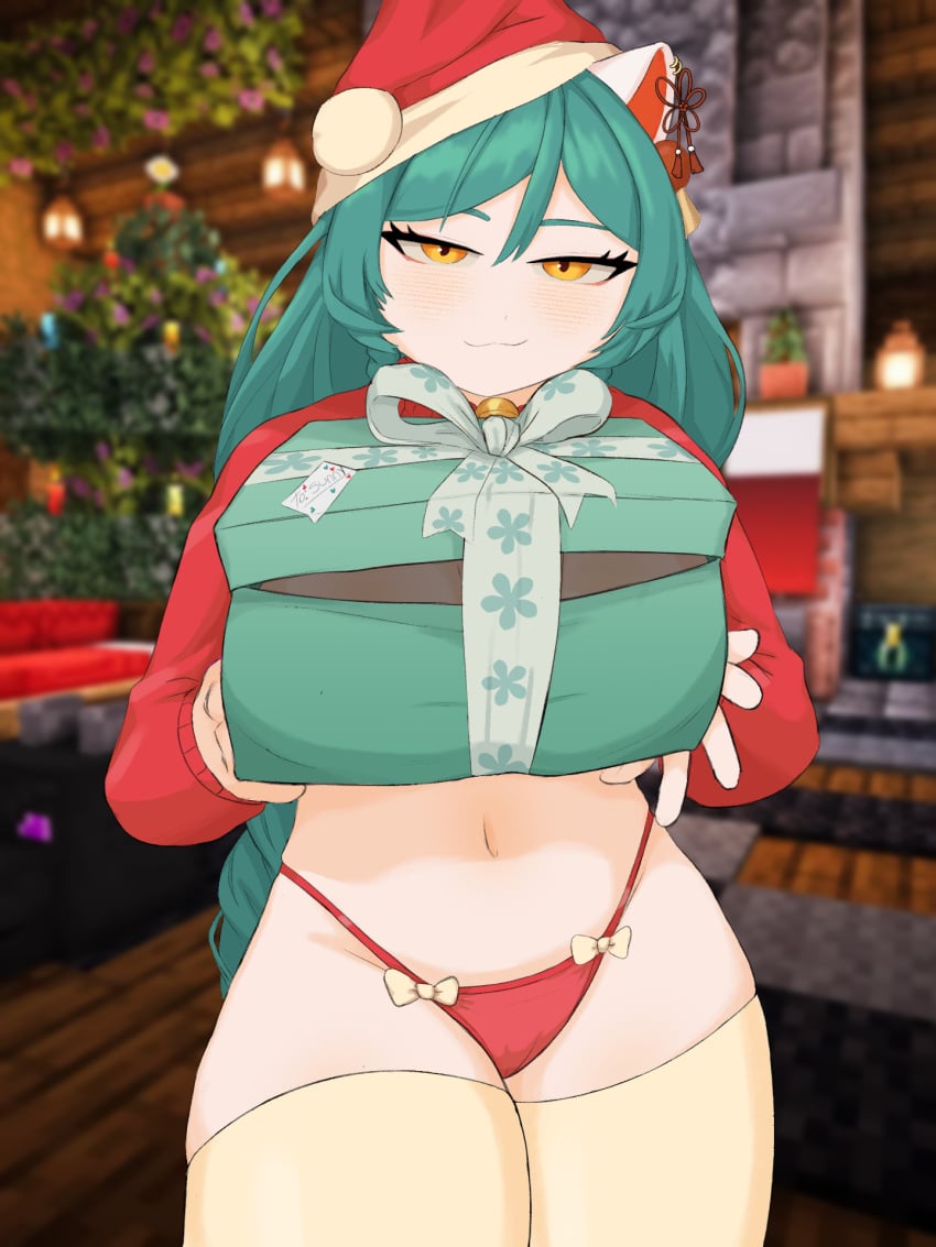 breasts_in_box cat_ears catgirl christmas christmas_outfit christmas_tree confusedsabron dragon dragon_head ender_chest ender_dragon gift gift_box huge_breasts lamp minecraft no_pants omocat omori santa_hat severed_head suggestive_look sweater thighhighs