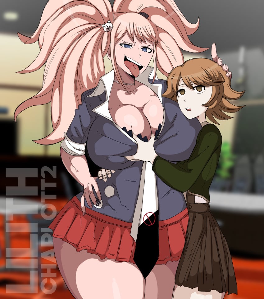 1boy 1girls 2023 big_breasts big_thighs blonde_hair blue_eyes breast_grab breasts brown_hair cleavage danganronpa english_text female femboy femboy_on_female fujisaki_chihiro grope groping groping_breast groping_breasts hand_on_hip hands_on_hips huge_breasts huge_thighs junko_enoshima large_thighs lilithcharlott2 long_hair necklace orange_hair shiny_breasts shiny_hair shiny_skin source_request spike_chunsoft talking_to_viewer taller_girl thick_thighs thighs tongue tongue_out twin_braids twintails white_skin