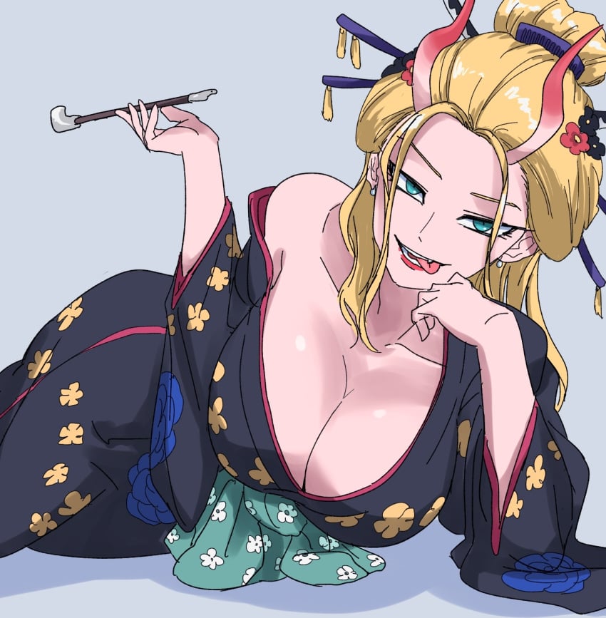 beast_pirates black_maria blonde_hair blue_eyes cigarette cigarette_holder cleavage eggplant female female_only geisha geisha_hair horns ilo_a5 kimono large_breasts one_piece tongue_out wano_country