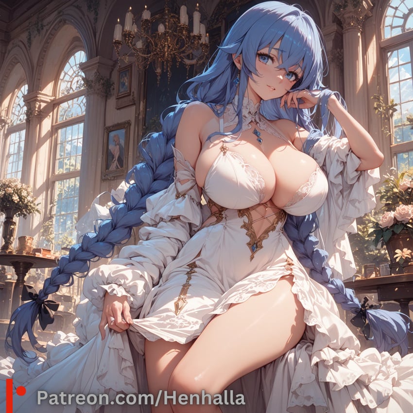 1girls ai_generated bedroom big_breasts blue_eyes breasts dress henhalla mai migurdia_roxy sakurajima_mai solo solo_female young younger_female