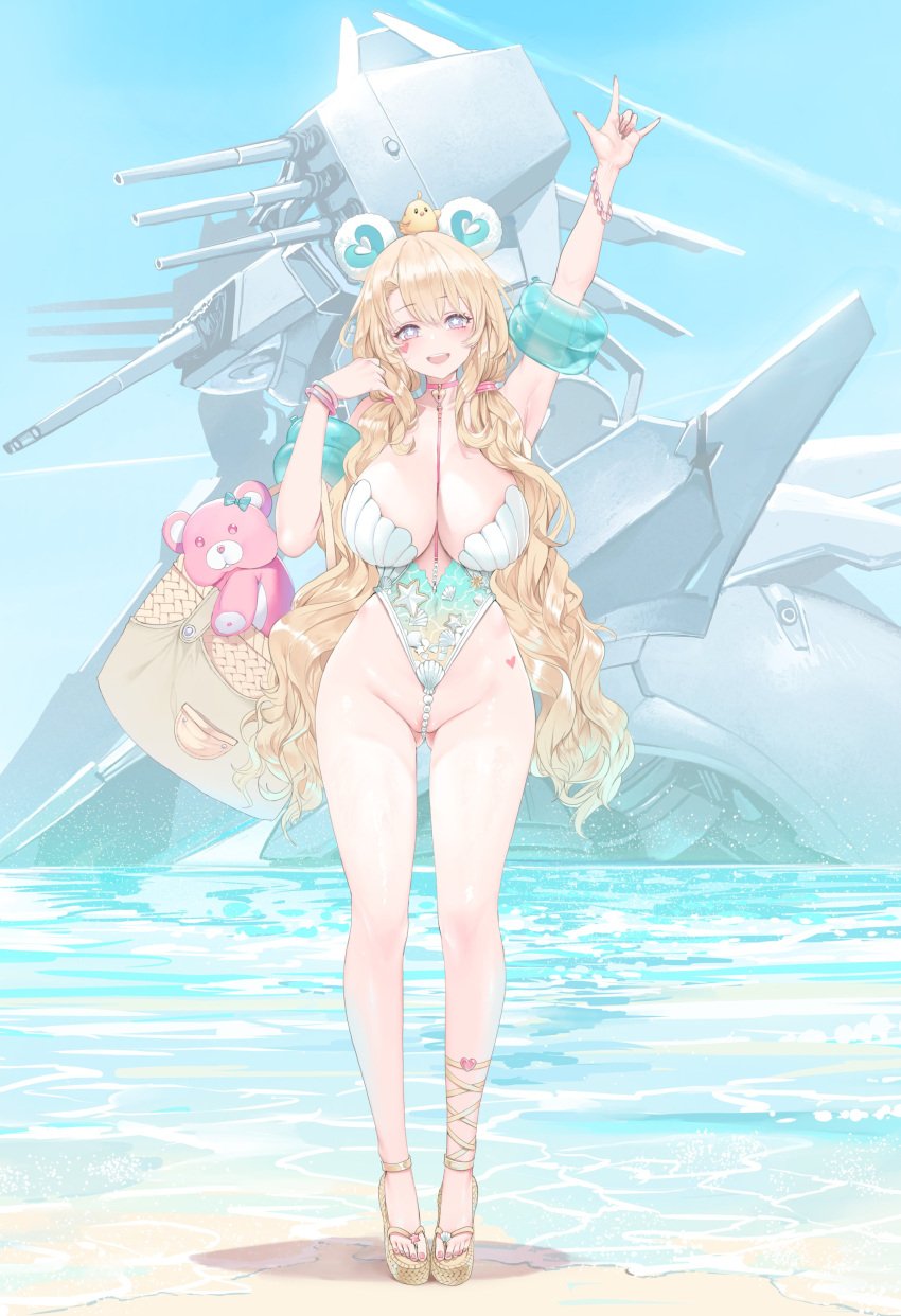 :d absurdres alternate_costume arm_up azur_lane bag beach blonde_hair blush breasts commentary_request day dishwasher1910 female full_body guam_(azur_lane) highres huge_breasts long_hair one-piece_swimsuit open_mouth outdoors purple_eyes smile solo standing star-shaped_pupils star_(symbol) stuffed_animal stuffed_toy swimsuit symbol-shaped_pupils teddy_bear thighs toes water