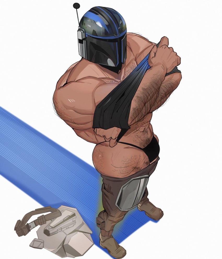 hairy hairy_arms helmet jaxcian male male_only mandalorian masked masked_male muscle muscles muscular muscular_arms muscular_male solo solo_focus solo_male thong underwear undressing