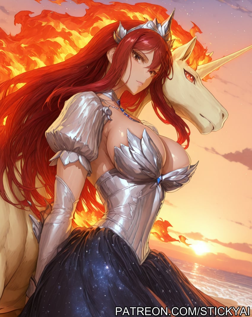 1girls ai_generated anime breasts erza_scarlet fairy_tail fit nsfw pokemon pokemon_(species) rapidash red_hair