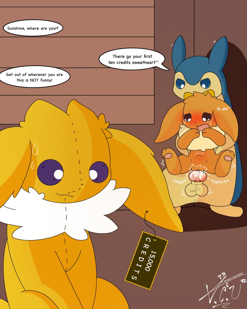 abuse blush cum_in_pussy cum_inside doll eevee eeveector eeveelution_squad inside plushie pussy_juice simple_background sunshine_(eeveelution_squad) typhlosion younger_female