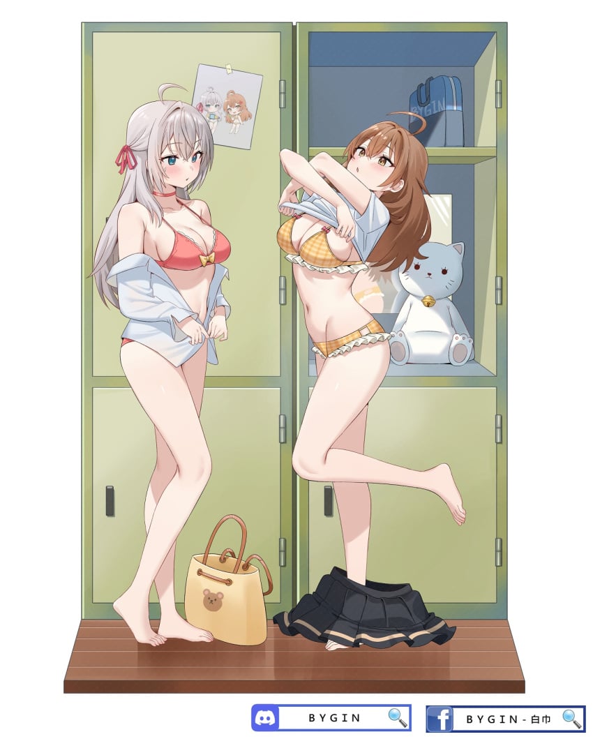 ahoge alisa_mikhailovna_kujou bare_belly bare_legs bare_shoulders bare_thighs barefoot belly_button big_breasts bikini blue_eyes blush bow_bikini breasts brown_eyes brown_hair bygin changing_room choker cleavage collarbone feet frilled_bikini groin hair_ribbon long_hair maria_mikhailovna_kujou one_leg_up parted_lips red_bikini removing_shirt russian shirt_down sisters skirt_down standing thighs toes tokidoki_bosotto_russian_de_dereru_tonari_no_alya-san undressing white_hair yellow_bikini