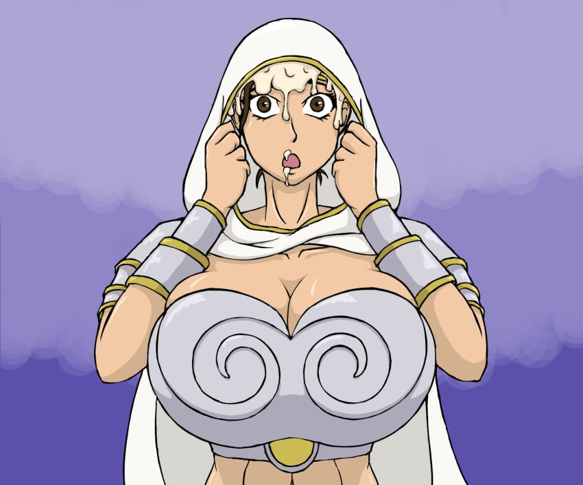 abs armor bosomancer breasts brown_eyes brown_hair cleavage cloak cum cum_in_headwear cum_in_hood cum_on_clothes cum_on_face cum_wearing elspeth_tirel hair_up hood huge_breasts large_breasts magic_the_gathering surprised