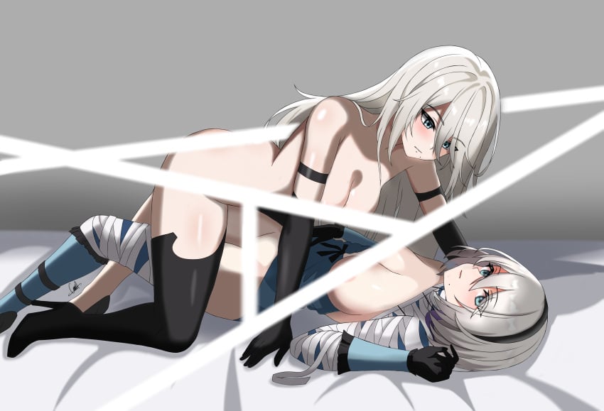 2girls big_breasts black_boots blue_eyes breasts cleavage cowgirl_position girl_on_bottom girl_on_girl girl_on_top lgc_cat long_hair mattress nier nier:_automata official_alternate_costume partially_clothed pinned pinned_down pinned_to_bed white_hair yorha_2b yorha_a2 yuri