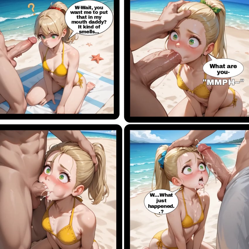 ai ai_assisted ai_generated beach beach_background beach_sex blonde_female blonde_hair blowjob blowjob_face comic comic_page confusion creepy_male cum cum_in_mouth facial father_and_daughter freaky incest innocent mouth_rape rape shocked shocked_expression yellow_bikini young younger_female