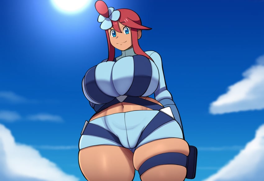 1girls ai_generated big_breasts cameltoe curvaceous curvy dark-skinned_female dark_skin huge_breasts large_breasts mullon novelai pokemon pokemon_bw pokemon_bw2 skyla_(pokemon) solo thick_thighs wide_hips