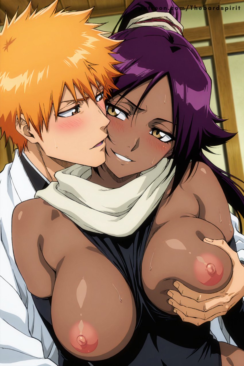 ai_generated bleach dark-skinned_female grabbing_another&#039;s_breast grabbing_from_behind groping ichigo_kurosaki large_breasts naughty_face shihouin_yoruichi uncensored