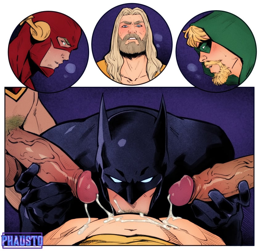 aquaman aquaman_(series) arthur_curry balls bara barry_allen batman batman_(bruce_wayne) batman_(series) blowjob bruce_wayne cum daddy dc dc_comics deepthroat dilf erection fellatio fellatio_domination flash gay gay_blowjob genital_fluids green_arrow handjob male male/male male_only manly masked masturbation mature_male muscular_male oliver_queen oral oral_sex orgasm penis phausto the_flash