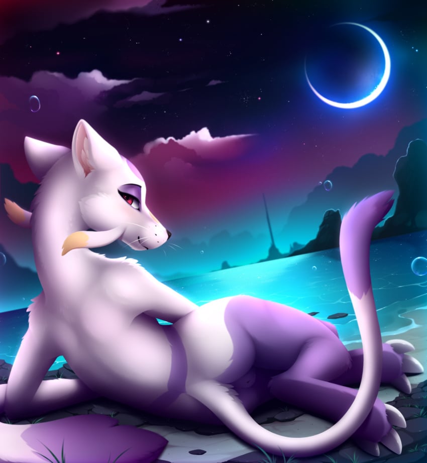 2024 ass detailed_background female fur generation_5_pokemon genitals hi_res looking_at_viewer looking_back meraence mienshao multicolored_body multicolored_fur nintendo pokemon pokemon_(species) purple_body purple_fur pussy red_eyes smile solo white_body white_fur