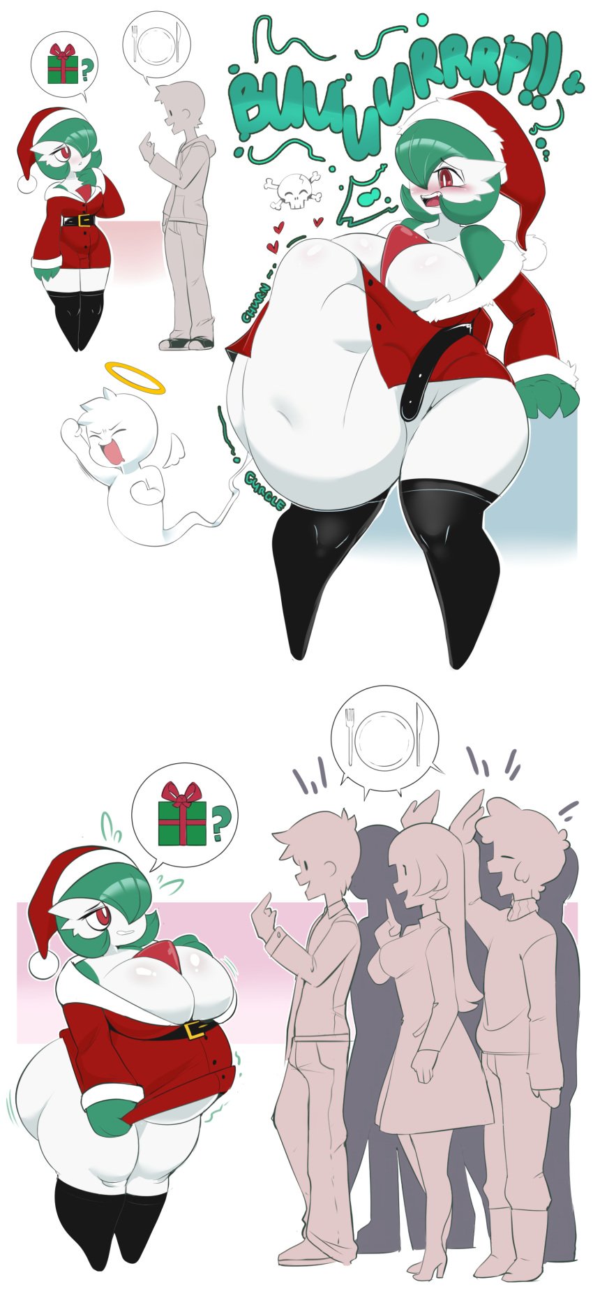 after_vore ass_expansion bbw belch belly_expansion big_ass big_belly big_breasts breast_expansion burp burping christmas christmas_outfit chubby dialogue_bubble digested_prey digestion dwps female female_focus gardevoir ghost gloves high_heels human implied_vore large_breasts male monster_girl plump pokemon pokemon_(species) post_vore same_size_vore sequence stockings stomach_bulge tagme vore vore_belly white_background willing_prey