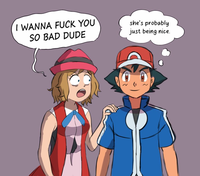 1boy 1boy1girl breasts clueless donrhy duo human looking_at_viewer medium_breasts pokemon pokemon_(anime) pokemon_xy satoshi_(pokemon) serena_(pokemon) smile wanting_sex