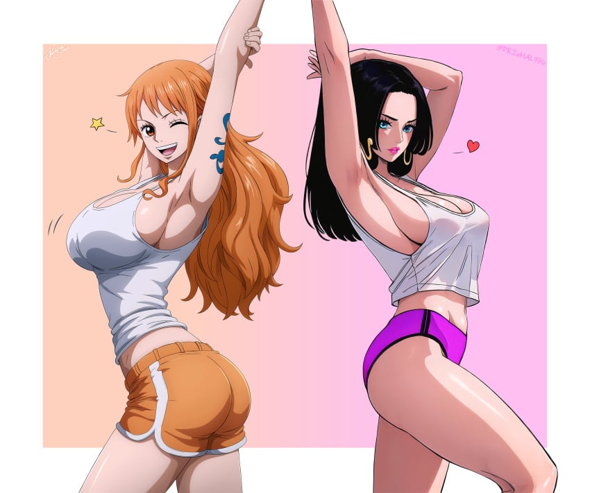 2girls big_breasts boa_hancock jemmasoria nami nami_(one_piece) no_bra one_piece prixmal see-through_top short_shorts tagme