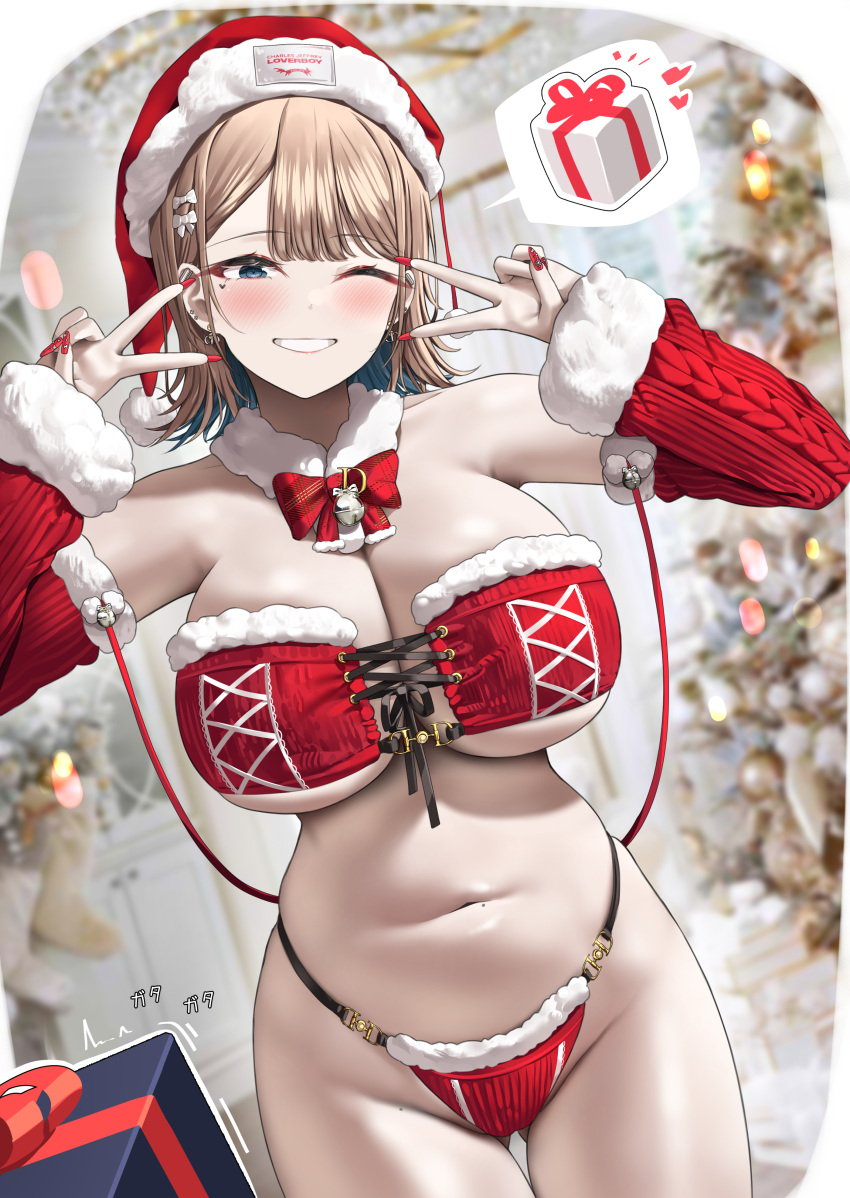 1girls blonde_hair blue_eyes breasts christmas female gyaru hips huge_breasts kuse_(0201) light-skinned_female light_skin long_hair original original_character thick_thighs thighs wide_hips