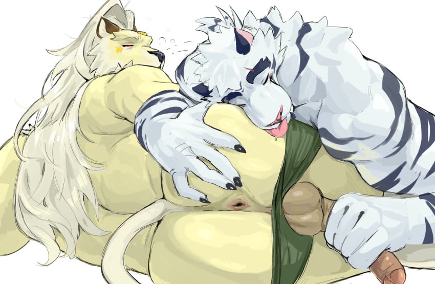 2boys animal_ears anus ass bara black_sclera cat_n1p claws closed_eyes colored_sclera dislyte english_commentary furry furry_male half-closed_eye highres javid_(shamash)_(dislyte) jin_qiu_(ru_shou)_(dislyte) lion_boy lion_ears lion_mane lion_tail male_focus male_masturbation masturbation multiple_boys muscular muscular_male penis penis_grab ponytail red_eyes scar_across_eyebrow sleeping spread_ass squeans tail testicles tiger_boy tiger_ears tiger_stripes tongue tongue_out topless_male white_background yaoi