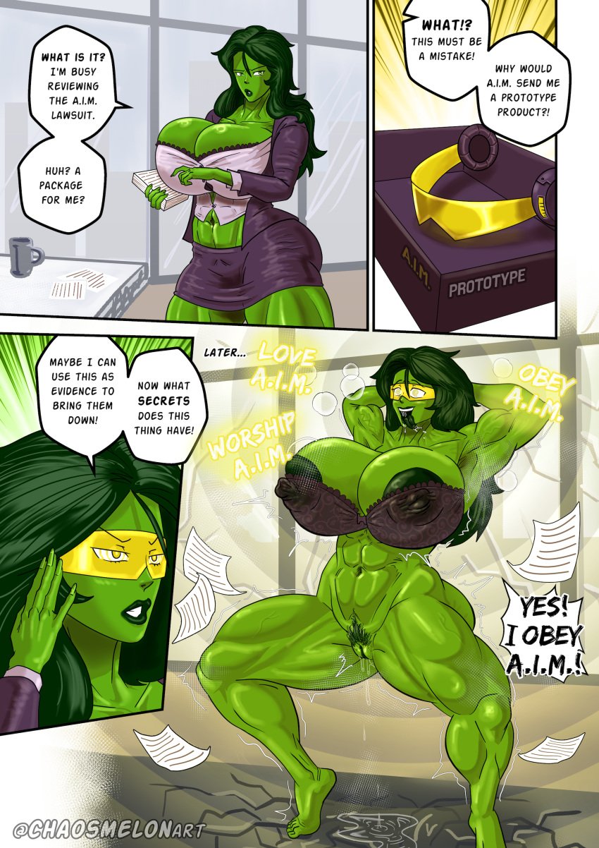 abs bra business_suit chaosmelon comic green_eyes green_hair green_skin huge_breasts hypnosis instant_loss marvel marvel_comics mind_control muscular muscular_female nipple_bulge nipples nipples_visible_through_clothing pubic_hair pussy pussy_juice pussy_juice_drip she-hulk tagme tech_control text_bubble tongue_out useless_clothing