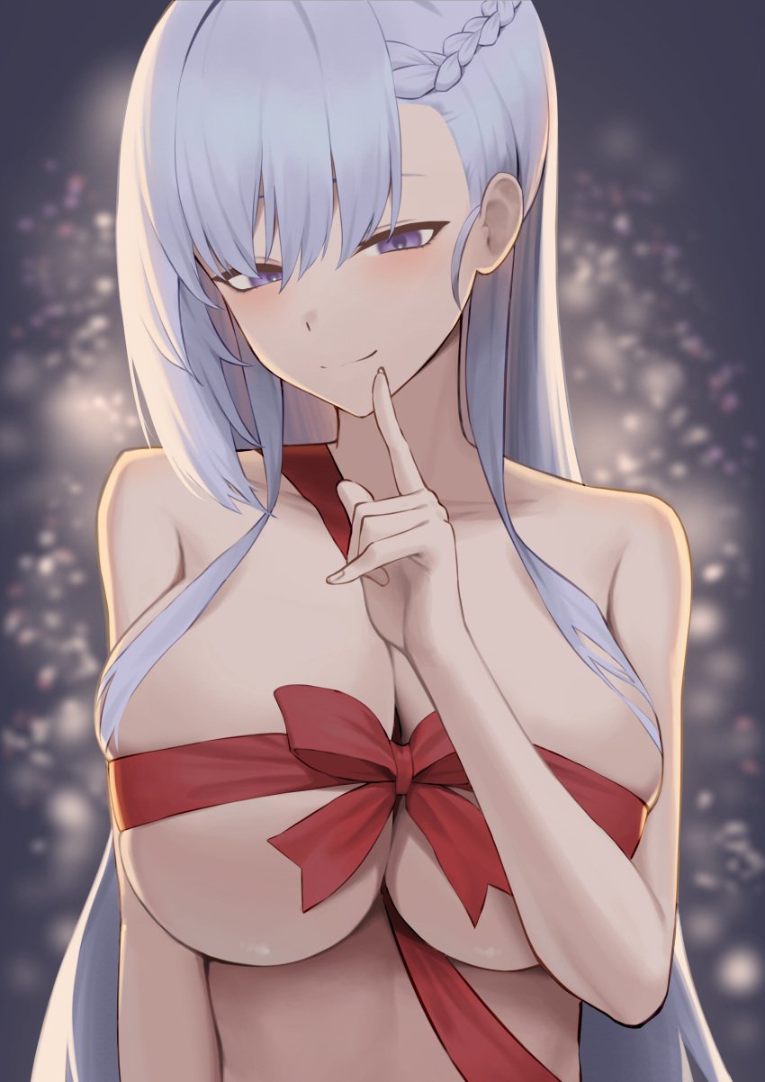 1girls absurdres azur_lane belfast_(azur_lane) blue_eyes blurry blurry_background blush bow braid breasts cleavage closed_mouth female grey_hair hand_up highres index_finger_raised large_breasts light-skinned_female light_skin long_hair looking_at_viewer lordol red_bow red_ribbon ribbon ribbon_as_bra ribbon_between_breasts royal_navy_(azur_lane) single_braid smile solo upper_body