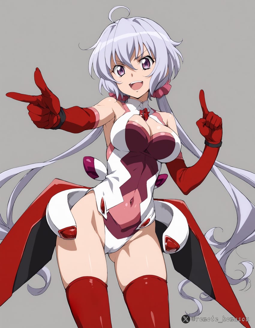 1girls ahoge ai_generated anime ass bare_shoulders breasts cameltoe cleavage clothing covered_navel elbow_gloves female fingers gloves gun hair_between_eyes high_resolution highleg highres large_breasts leotard light long_hair looking_at_viewer low_twintails mecha open_mouth pixiv pixiv_link pixiv_username pointing purple_eyes purple_hair red_clothing remote_komusou senki_zesshou_symphogear senki_zesshou_symphogear_xd_unlimited senki_zesshou_symphogear_xv shiny shiny_skin simple_background smile solo standing teeth thighhighs twintails twitter_username very_long_hair yukine_chris