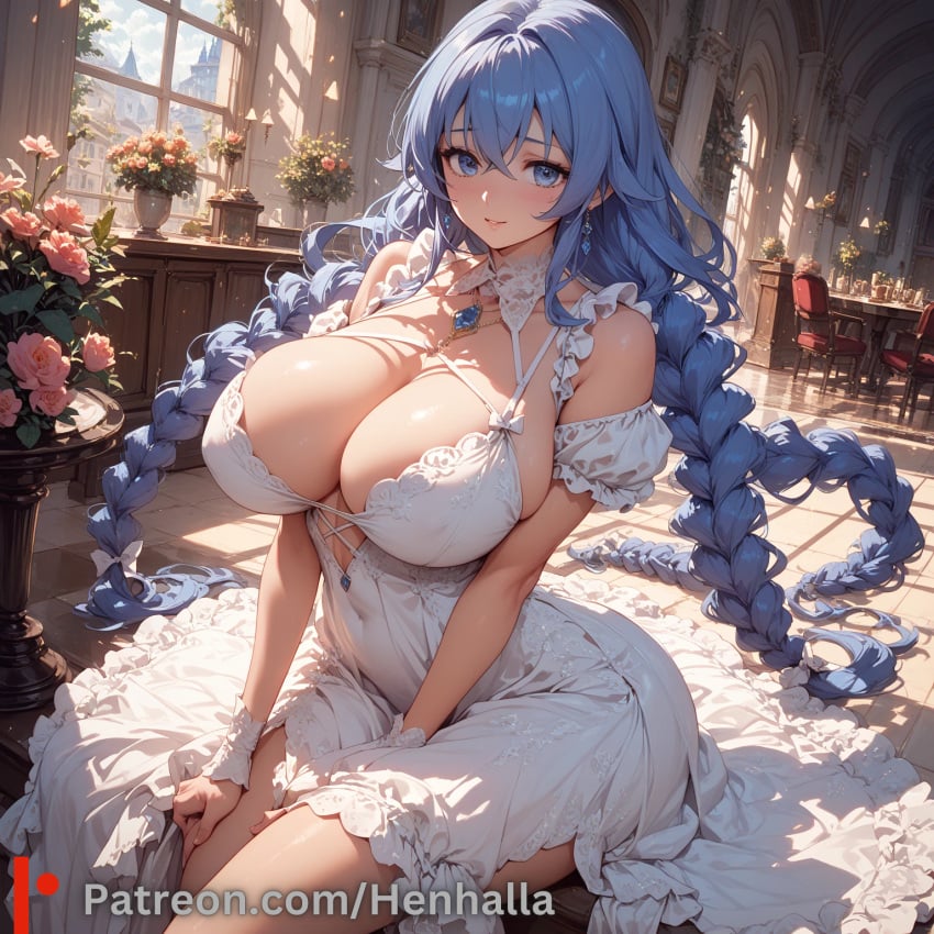 1girls ai_generated bedroom big_breasts blue_eyes breasts dress henhalla mai migurdia_roxy sakurajima_mai solo solo_female young younger_female