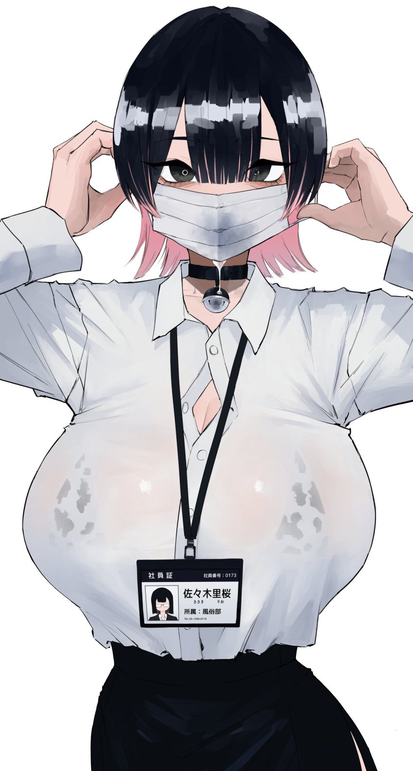 absurdres black_choker black_hair breasts choker cum cumdrip hazuki_kazue highres id_card large_breasts mask mouth_mask multicolored_hair original see-through_clothes see-through_shirt shirt two-tone_hair