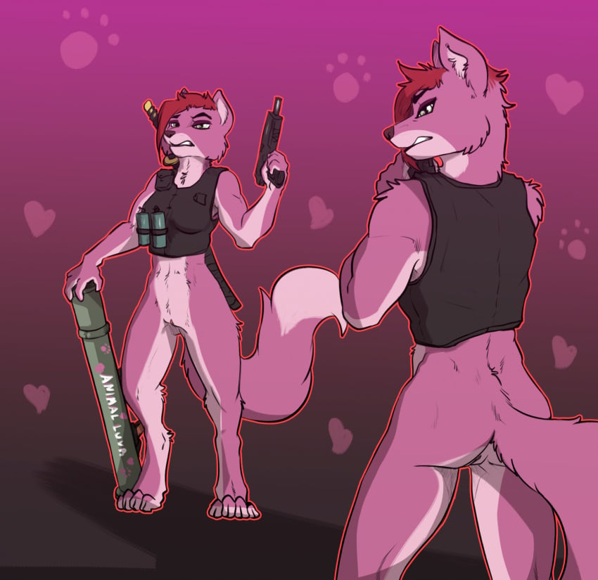 4_toes anthro athletic athletic_anthro athletic_female bulletproof_vest canid canine digital_media_(artwork) digitigrade english_text feet female fingers fox fur genitals gun hair handgun hi_res holding_gun holding_handgun holding_object holding_ranged_weapon holding_weapon mammal melee_weapon mostly_nude pink_body pink_fur pussy ranged_weapon simple_background solo standing sword sword_on_back tail teeth text toes weapon zafara_(artist)