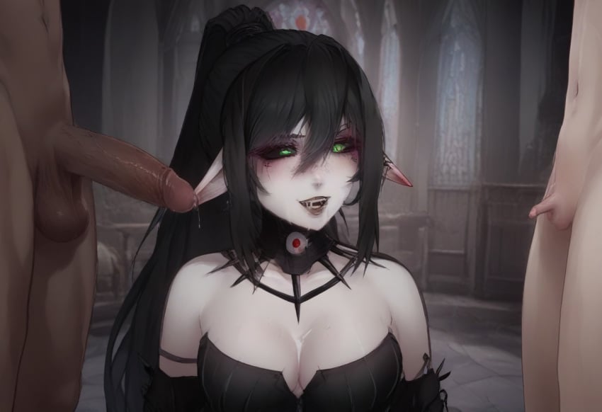 1girls 2boys ai_generated bare_shoulders big_dick big_penis black_body black_clothing black_sclera blush breasts cheating cleavage cuck cuckold cuckolding cute_girl dark-skinned_male dark_hair elf_ears female gothic green_eyes happy_female humiliation indie_virtual_youtuber interracial layna_lazar long_hair medium_breasts milf multiple_boys multiple_penises pale-skinned_female pale_skin penis_awe penis_comparison penis_size_comparison penis_size_difference pointy_ears ponytail precum self_upload size_comparison small_penis_humiliation smile tagme tied_hair twitch virtual_youtuber vtuber white_skinned_female women