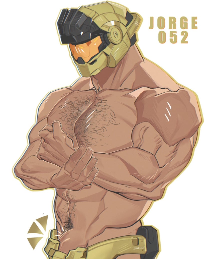 bara big_muscles big_pecs bulge hairy_chest happy_trail helmet human jaxcian male_only masked muscular naked pectorals