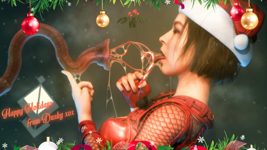 christmas duskyart jill_valentine messy mistletoe monster musk resident_evil slime slimy tagme tentacle tentacle_in_mouth tongue