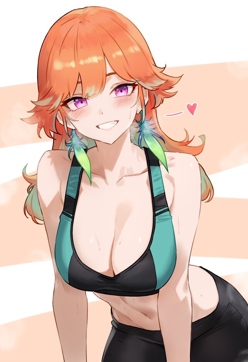 1girls bluefield blush bra breasts female heart hololive hololive_english hololive_myth large_breasts light-skinned_female light_skin long_hair orange_hair purple_eyes smile steam sweat takanashi_kiara virtual_youtuber