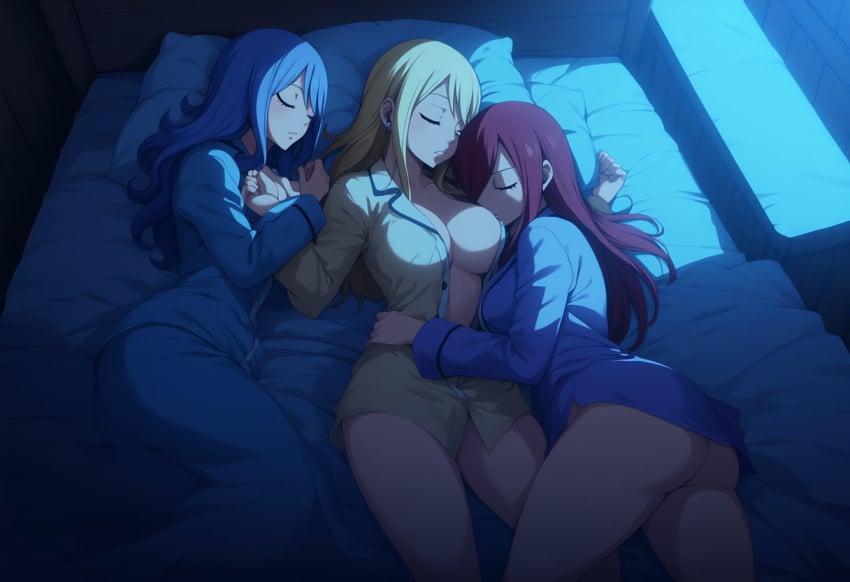 3girls ai_generated ass ass_out bed_covers bed_sheet big_ass big_breasts big_butt breast_pillow bubble_ass bubble_butt closed_eyes covers cuddling dim_lighting erza_scarlet face_in_breasts fairy_tail female female_only girls_only hand_on_another's_stomach huge_ass huge_breasts juvia_lockser large_breasts lucy_heartfilia massive_breasts moonlight narrow_waist no_bra no_panties on_back on_bed open_shirt pajama_pants pajamas self_upload sharing_bed shirt_open sleeping sleeping_on_person sleepover thick_thighs wide_hips yeetyboi5000 yuri