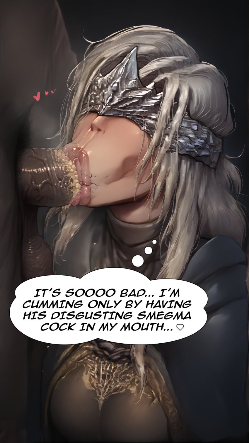 1boy 1girls ai_generated black_body blowjob dark_souls_3 english_text fellatio fire_keeper fromsoftware mask pubes_in_mouth pubic_hair smegma smell steam text white_hair