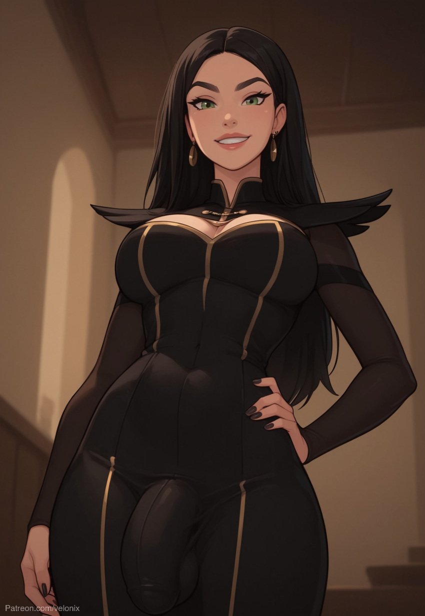 1futa 1futanari ai_generated big_ass big_breasts big_hips big_penis black_clothes black_hair black_nails breasts bulge bulge_through_clothing claudia_(the_dragon_prince) cleavage dick dickgirl earring earrings erect_penis erection eyebrows eyelashes futa_only futanari green_eyes grin grinning grinning_at_viewer hand_on_hip hands-free indoors lips long_hair looking_at_viewer narrow_waist navel nose penis robe seducing seductive seductive_eyes seductive_gaze seductive_look seductive_mouth seductive_pose seductive_smile smile smile_at_viewer smiley_face smooth_balls smooth_penis smooth_skin solo solo_dickgirl solo_focus solo_futa solo_futanari standing taker_pov teeth testicles the_dragon_prince velonix