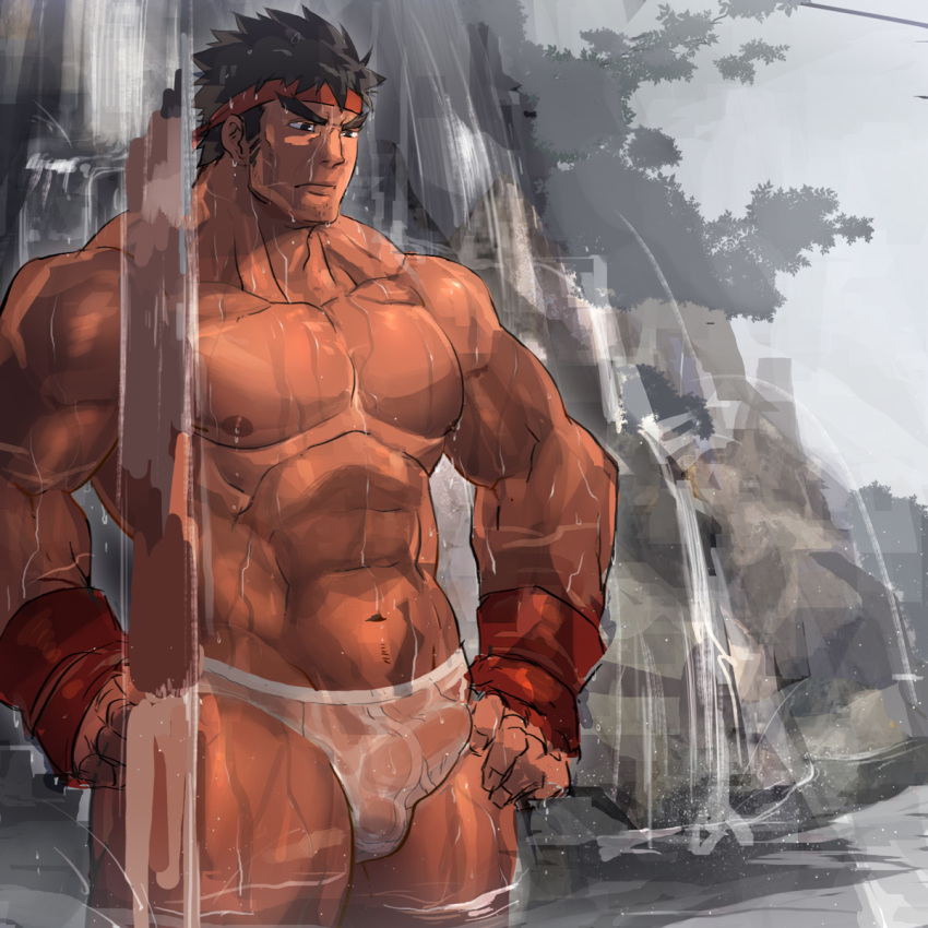 1boy abs bara black_hair fingerless_gloves male male_only muscle muscles nikism outdoors pecs penis ryu_(street_fighter) solo street_fighter tagme topless underwear water waterfall