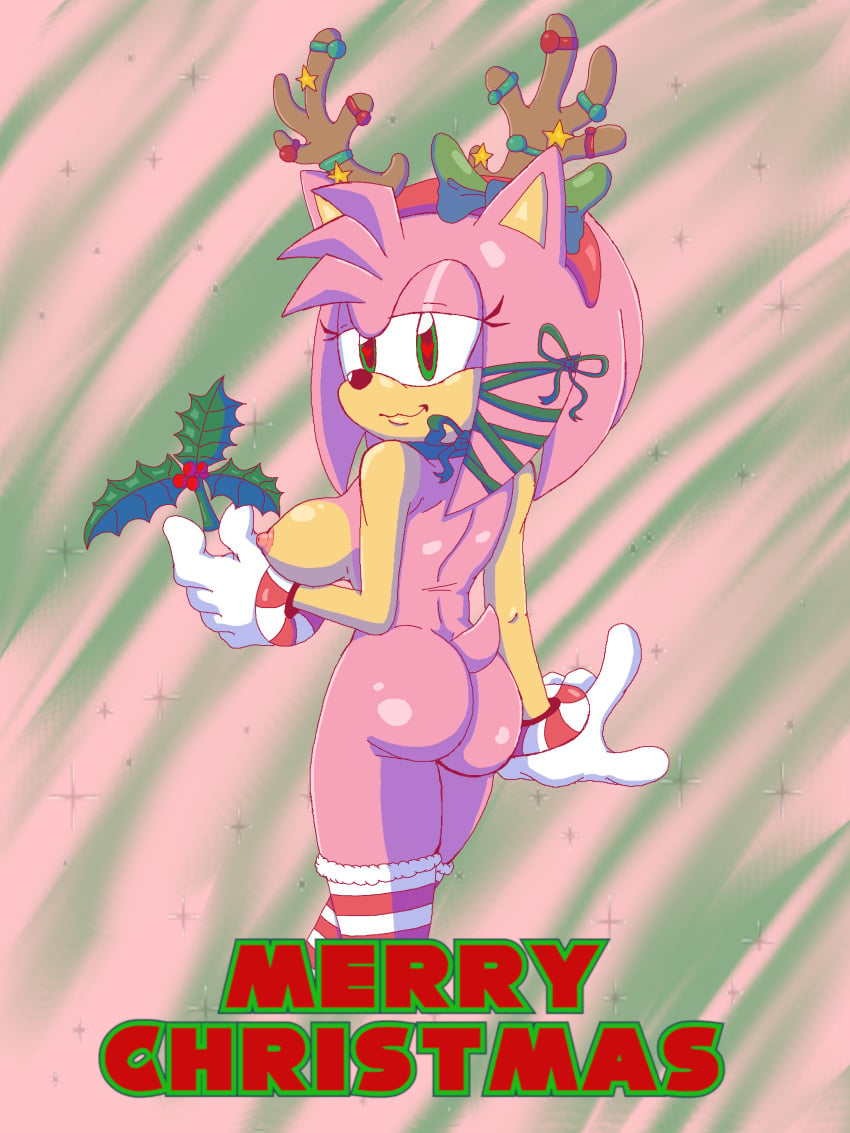 3:4 absurd_res accessory amy_rose anthro ass christmas christmas_clothing christmas_headwear clothing eulipotyphlan female female/female headband headgear headwear heart_eyes heart_symbol hedgehog hi_res holidays lewdsharx mammal mistletoe nipples nude nude_anthro nude_female pinup plant pose sega solo sonic_(series) sonic_the_hedgehog_(series) wrapped_up wrapping_paper