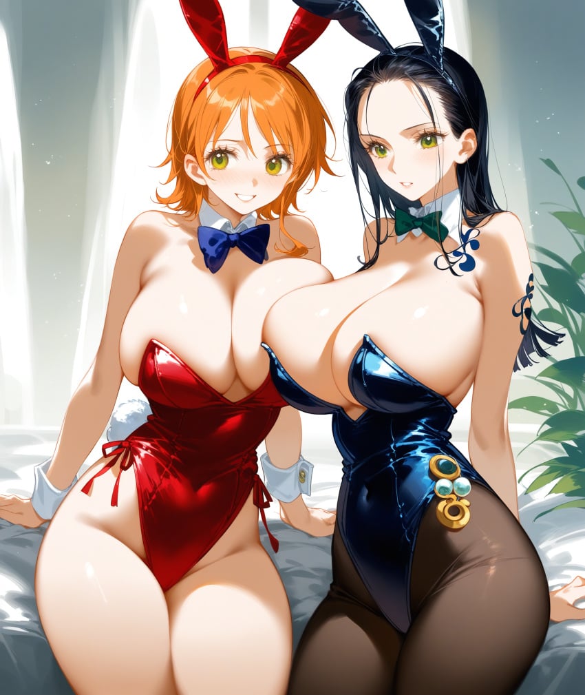 ai_generated alkkemii big_breasts black_hair bowtie bowtie_collar breasts_bigger_than_head bunny_costume bunny_ears bunny_girl bunny_tail bunnysuit collar female female_only gold_eyes jewelry large_breasts long_hair medium_hair nami nami_(one_piece) nico_robin one_piece orange_hair tattoo