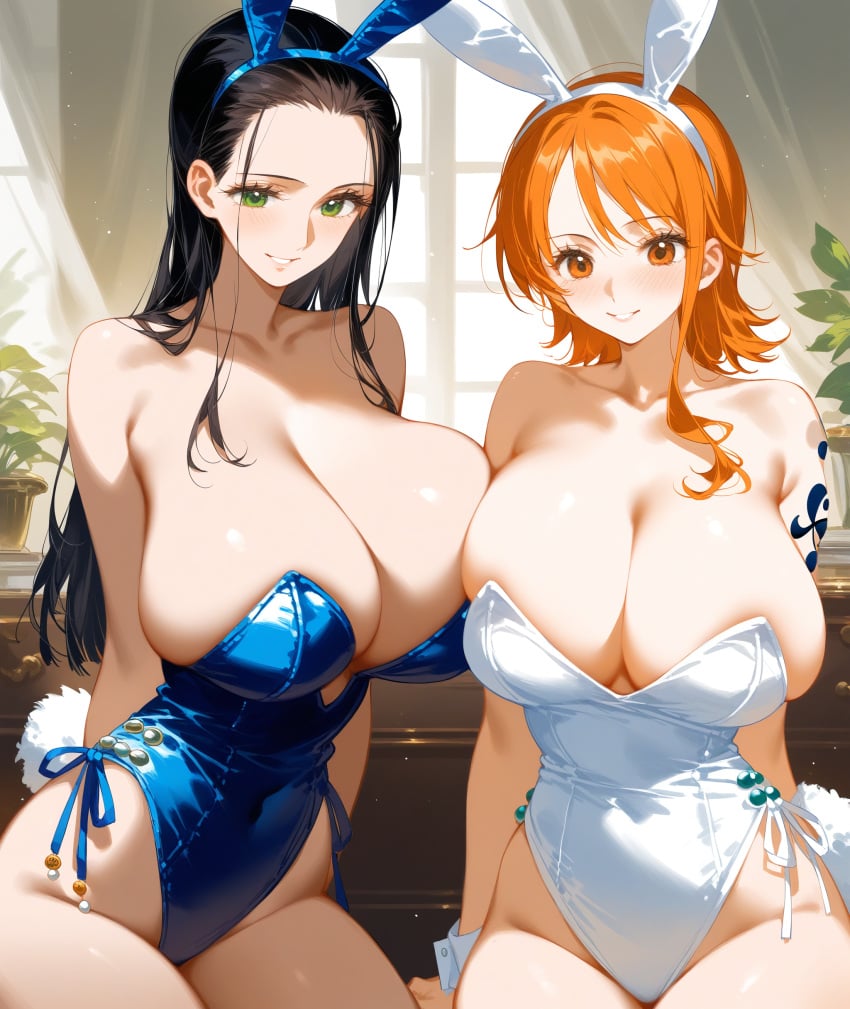 2girls ai_generated alkkemii black_hair breasts_bigger_than_head bunny_ears bunny_tail bunnysuit female female_only green_eyes hair_slicked_back large_breasts long_hair medium_hair nami nami_(one_piece) nico_robin non_nude one_piece orange_eyes orange_hair overflowing_breasts smile tattoo