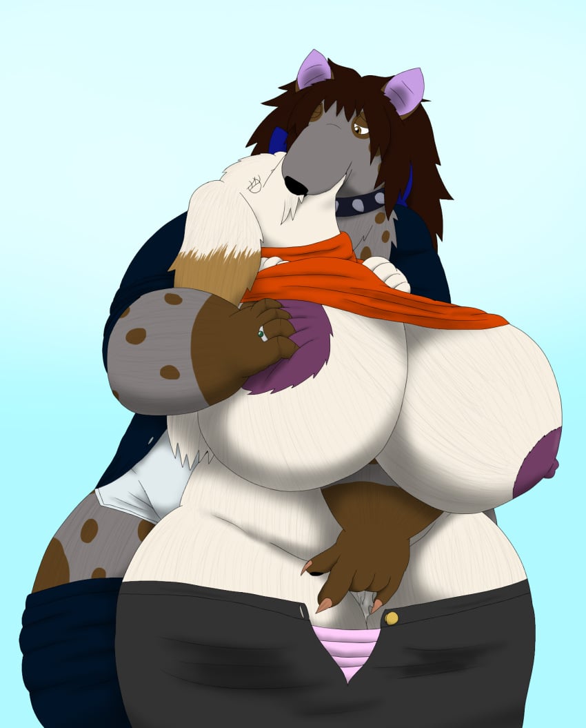 alythewolfcat anthro bodily_fluids bow_accessory breast_grab breasts canid canine canis collar digit_ring domestic_dog draco_sandy duo exposed_breasts female fingering genital_fluids hand_on_breast hi_res hyena jewelry kissing male male/female mammal nipples overweight overweight_female overweight_male poodle spiked_collar spikes spotted_hyena vaginal_fluids