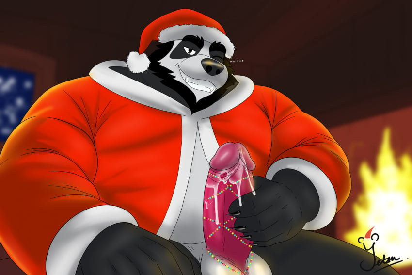 accessory anthro bear belly bodily_fluids christmas christmas_clothing clothing costume cum cum_on_penis digital_media_(artwork) ejaculation erection fireplace fur genital_fluids genitals giant_panda hand_on_penis hi_res holidays humanoid_genitalia humanoid_penis looking_at_viewer male mammal masturbation one_eye_closed orgasm overweight overweight_anthro overweight_male penile penile_masturbation penis penis_accessory santa_costume smile solo wink yetsu yetsupanda