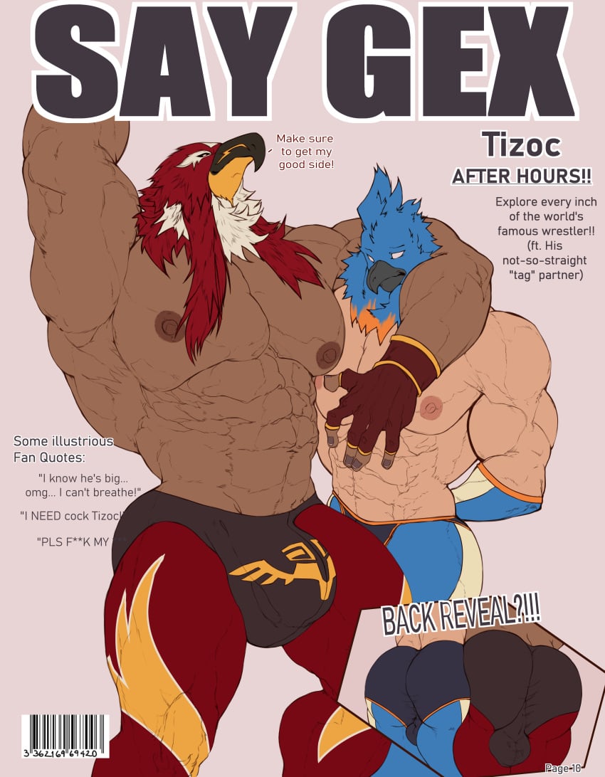 absurd_res animal_humanoid animal_mask avian avian_humanoid backsack balls barcode beak bird bird_humanoid bluebird blush bulge bulge_size_difference clothed clothing cover demitiger1 detailed_bulge eastern_bluebird english_text fatal_fury flexing genitals hi_res humanoid magazine_cover male male/male mask muscular muscular_male neptune_mereaux nipples oscine partially_clothed passerine penis size_difference text thrush_(bird) tizoc wrestler wrestling_outfit