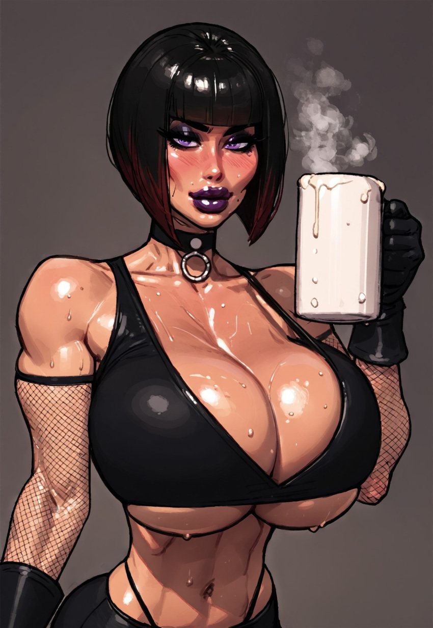 1girls ai_generated bangs big_breasts bimbo bob_cut choker cleavage cleavage_cutout cum cumslut drinking_cum eating_cum female fishnet fishnets gokkun goth goth_girl huge_boobs huge_breasts pobodyznerf semen steam underboob