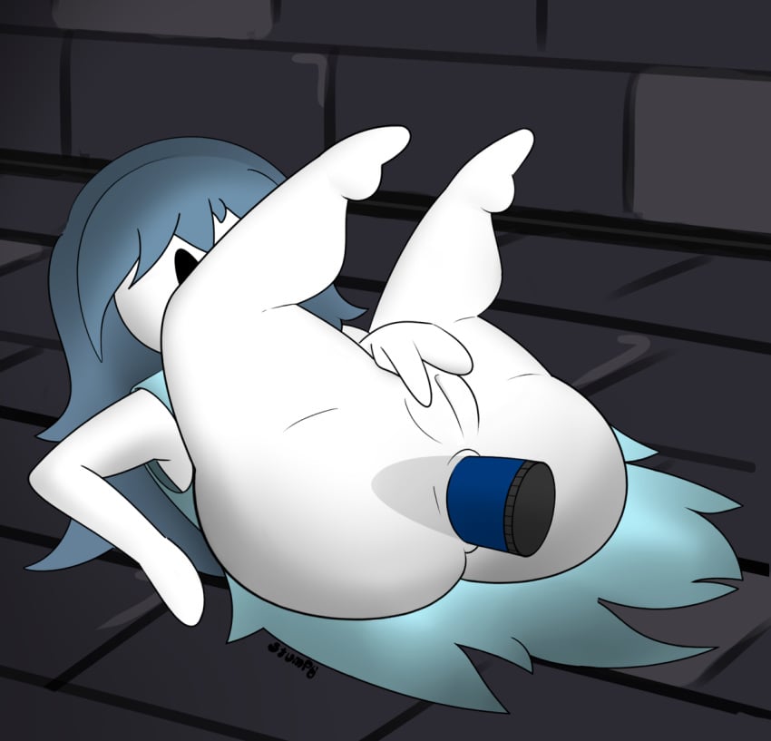 2d anal anus ass blue_hair color dildo female ghost ghost_girl mob_face pale_skin pale_skinned_female simple_background solo solo_focus spooky's_house_of_jump_scares spooky's_jump_scare_mansion spooky_(shojs) stumpy upskirt