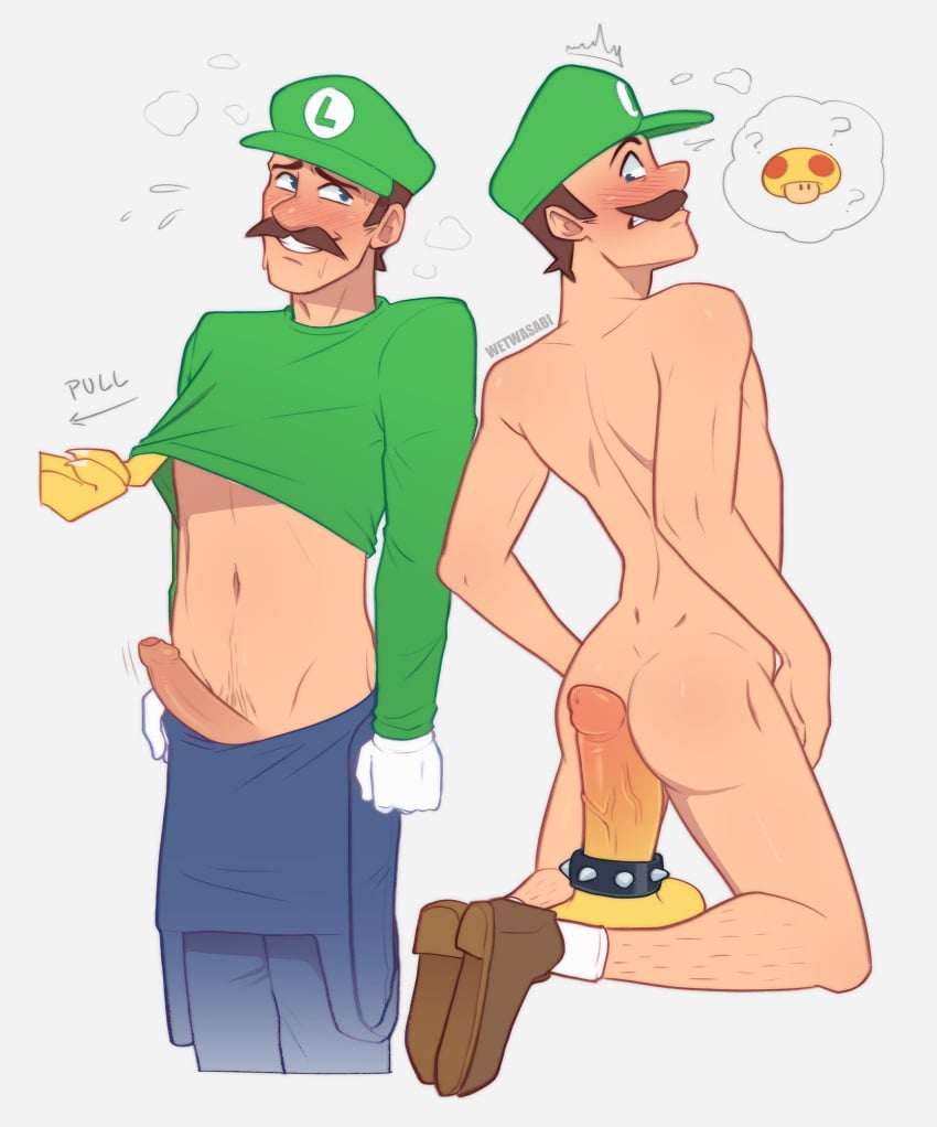 2boys 2d 2d_(artwork) 2d_artwork big_penis blush blush_lines blushing cock_ring consent foreskin gay gay_domination imminent_anal imminent_penetration imminent_sex luigi mario_(series) penis_out shirt_lift shirt_up skinny_male super_mario_bros. sweat sweatdrop taking_clothes_off twink uncut uncut_penis veiny_penis wetwasabi yaoi