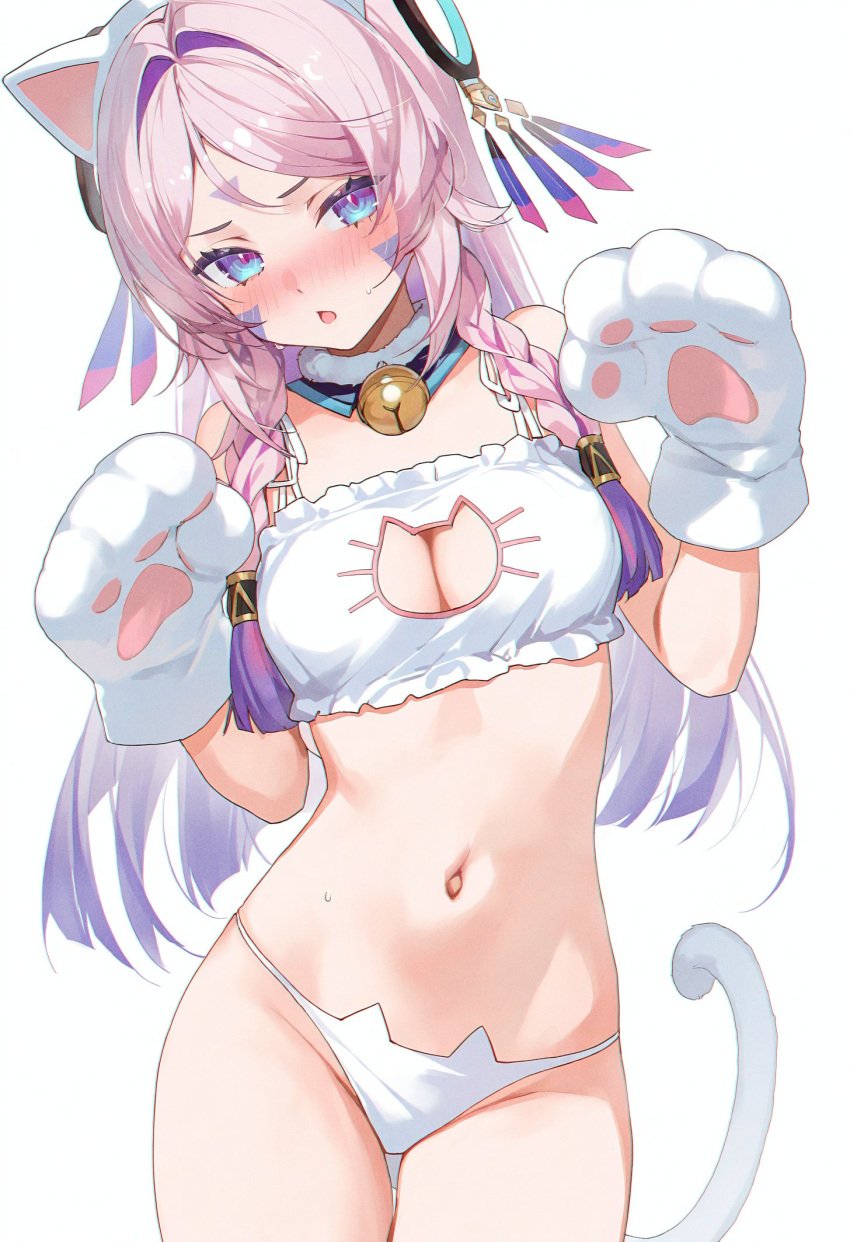 1girls belly belly_button blue_eyes blush bra breasts cat_lingerie citlali_(genshin_impact) embarrassed female genshin_impact lingerie panties pawpads paws pink_hair solo underwear